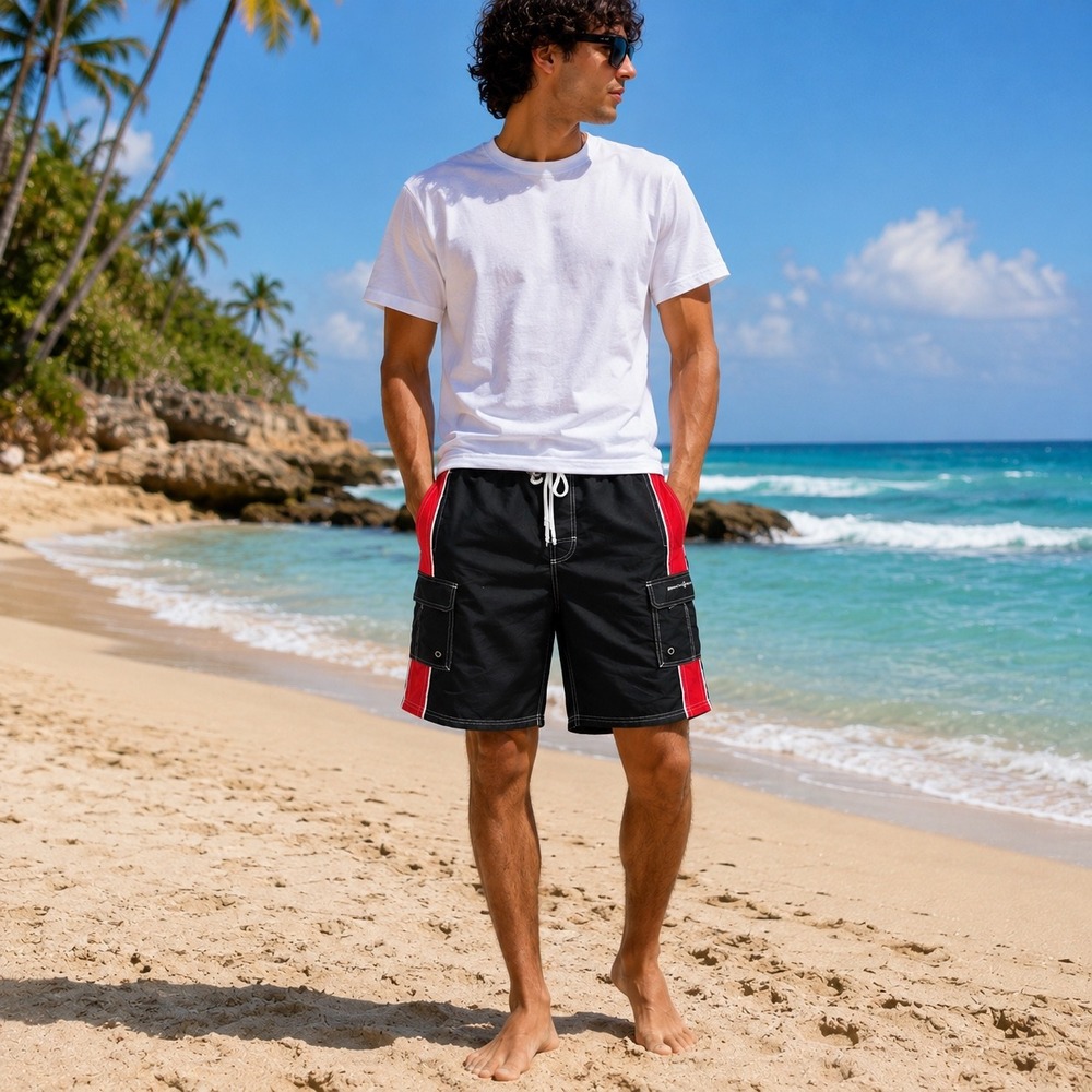 Beverly Hills Polo Club Swim Trunks Mens Large Black Red Cargo Board Shorts Y2K